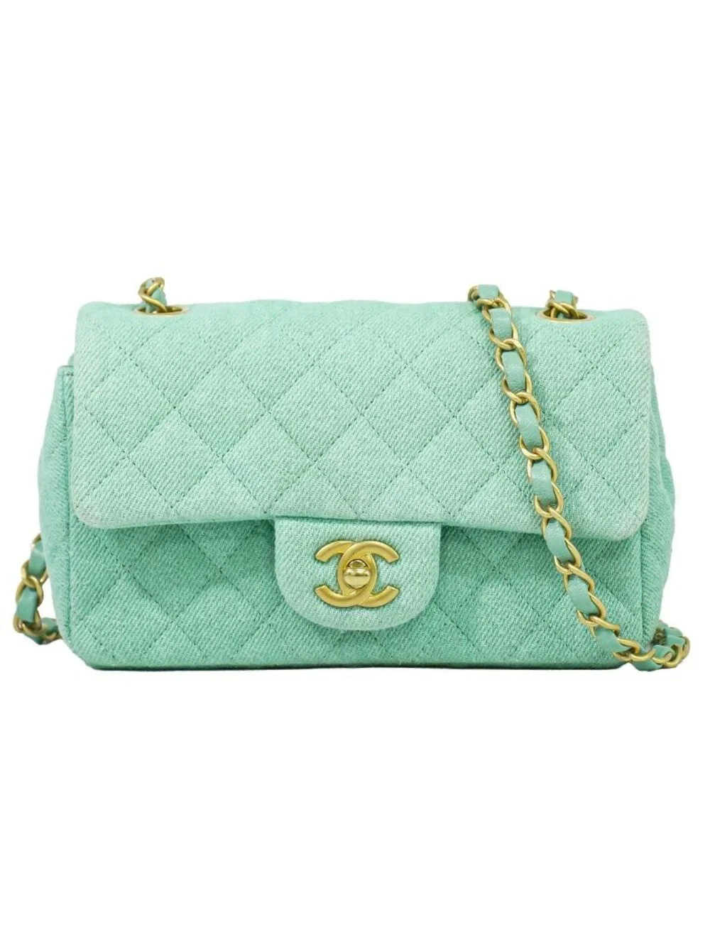 Chanel CC Logo Quilted Chain Shoulder Bag Denim Light Green Vintage